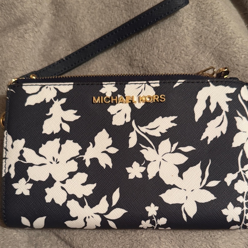Michael Kors Dark Blue and White Floral Wristlet
